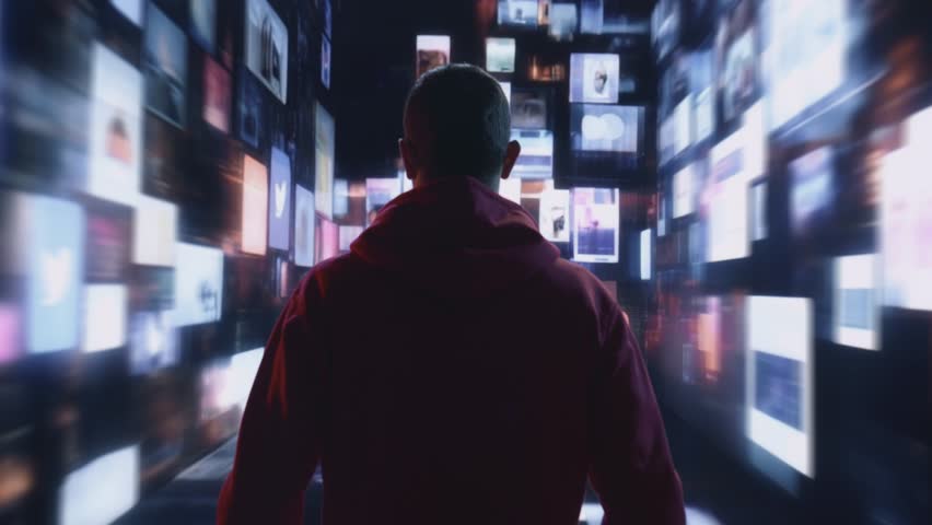 Man In Red Jacket Standing In Digital Virtual Reality Environment With Floating Screens Future Technology
