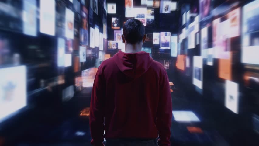 Man In Red Hoodie Exploring Virtual Digital Space Future Technology Innovation