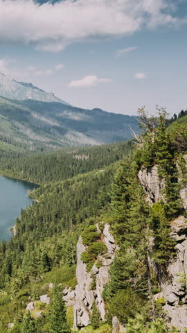 Tatra National Park, Poland. Famous Mountains Lake Morskie Oko Or Sea Eye Lake In Summer Day. Topw View Of Beautiful Tatras Lake Landscape. UNESCO