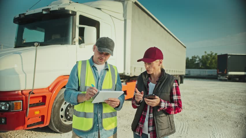 Caucasian woman talking with male in vest. Female holding smartphone while explaining something to manager. Man searching for information on sheet of paper in notepad. Planning delivery.
