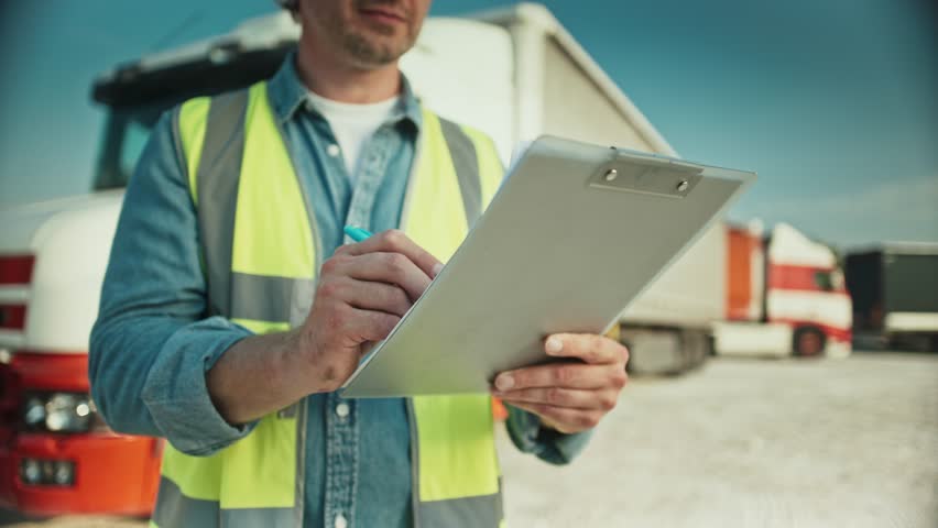 Camera focus on back of notepad. Caucasian man holding notepad with one hand while writing with other hand with pen. Filling in data about completed truck deliveries in big commerce company.