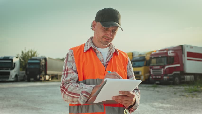 Positive Caucasian male with cap and orange reflective vest. Filling in information on notepad with paper. Checking driver availability in distribution company. Looking at camera while smiling. - Powered by Shutterstock - Get 15% off with code: PIKWIZARD15