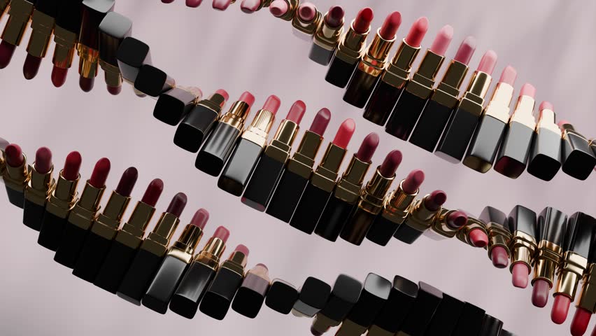 Looped 3D animation of  colorful lipsticks. The concept of advertising in the field of beauty, cosmetics, fashion