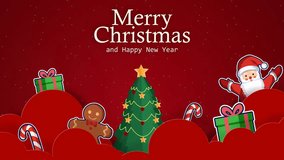Looping 4K animated Christmas video in a playful paper cut style. Santa, a tree, gifts, and candy canes pop up from red clouds with "Merry Christmas and Happy New Year" greeting. - Powered by Shutterstock - Get 15% off with code: PIKWIZARD15