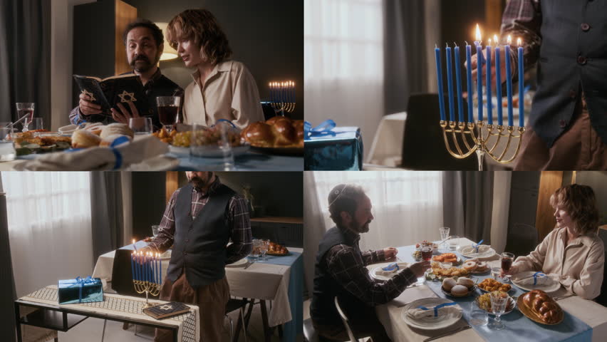 Split screen of Jewish couple celebrating Hanukkah at home reading prayer book, lighting menorah candles and toasting with kiddush wine at festive dinner table
