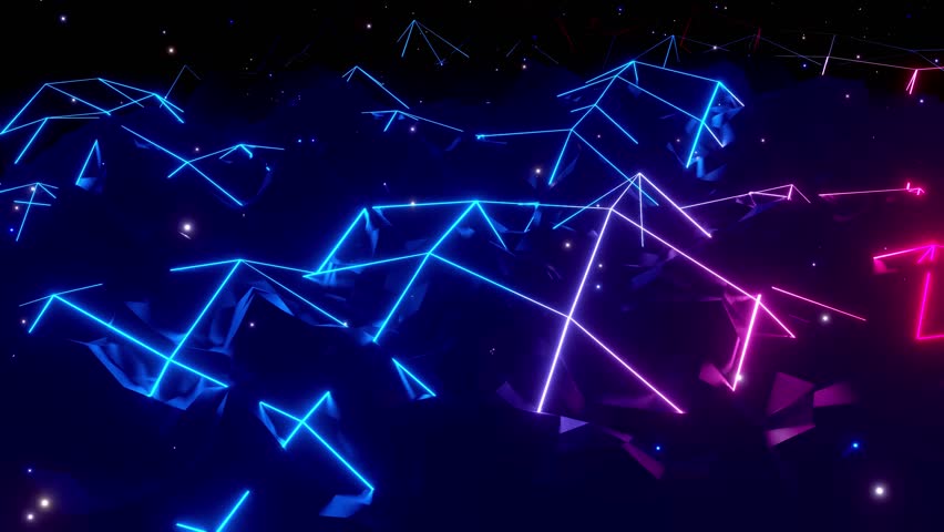 Beautiful modern motion graphic bg. Vj loop abstract sci fi landscape. looped animation neon glow wareframes on surface in dark. Abstract sci fi cyber background with neon glow gradient color.