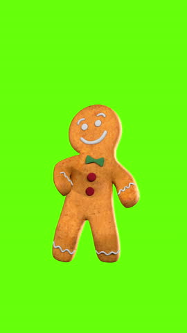 Gingerbread man dancing. 3D animation. Green screen vertical background