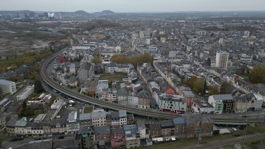 Aerial drone view of Esch-sur-Alzette in Luxembourg on a cloudy autumn day