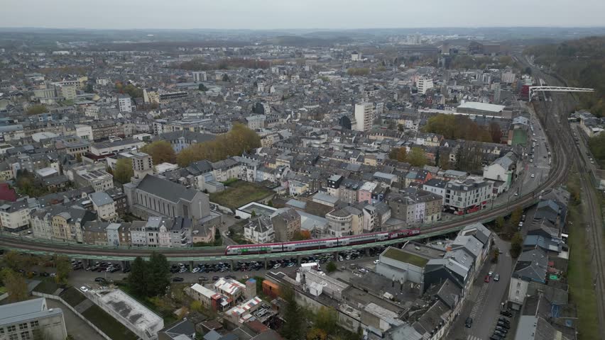 Aerial drone view of Esch-sur-Alzette in Luxembourg on a cloudy autumn day