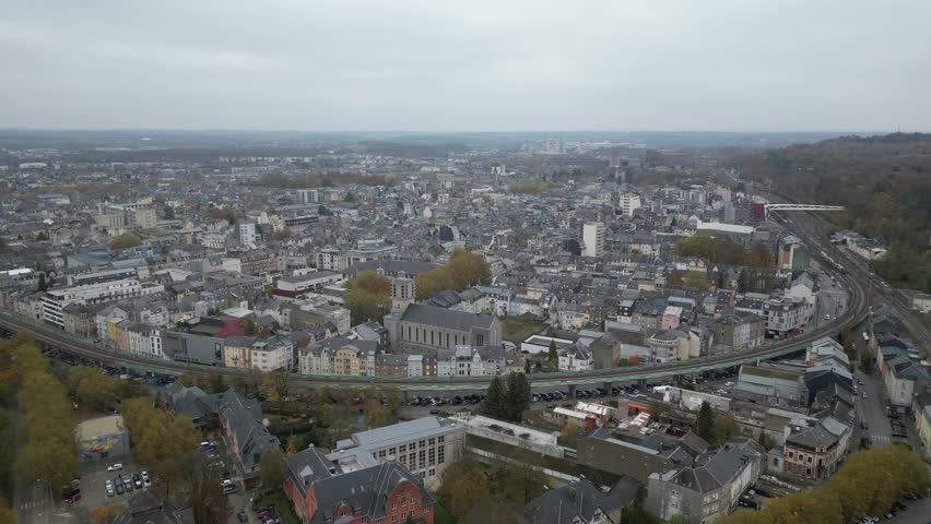 Aerial drone view of Esch-sur-Alzette in Luxembourg on a cloudy autumn day