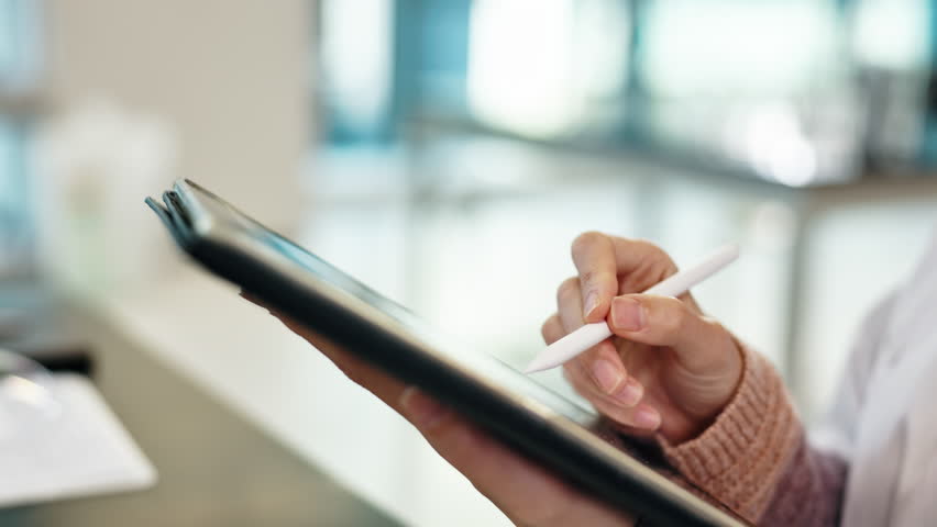 Science, education and hands of woman with tablet for notes, research or study at medical college. Lab, class and Japanese university student with digital app for writing test, exam or online report