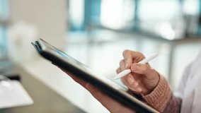 Science, education and hands of woman with tablet for notes, research or study at medical college. Lab, class and Japanese university student with digital app for writing test, exam or online report - Powered by Shutterstock - Get 15% off with code: PIKWIZARD15