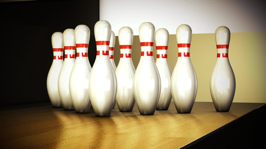 Bowling ball, bowling alley, bowling ball hitting bowling pins animation