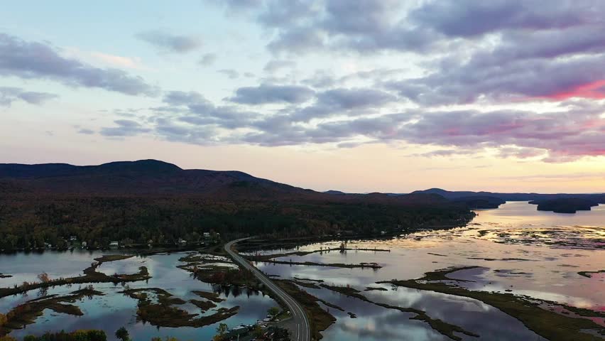 Tupper Lake in Adirondack, NY State, Moody Section, Spectacular Sunset in Fall aerial drone