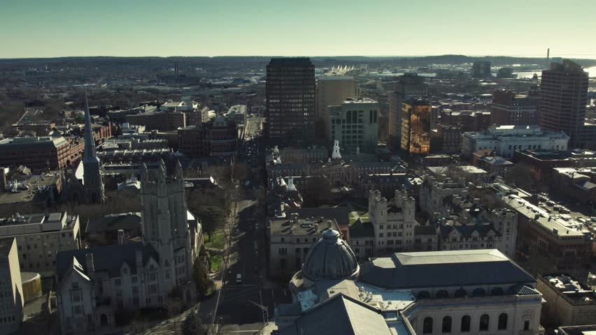 Yale University is a private Ivy League research university in New Haven, Connecticut. Beautifully timed on a drone in 2024. High quality 4k footage