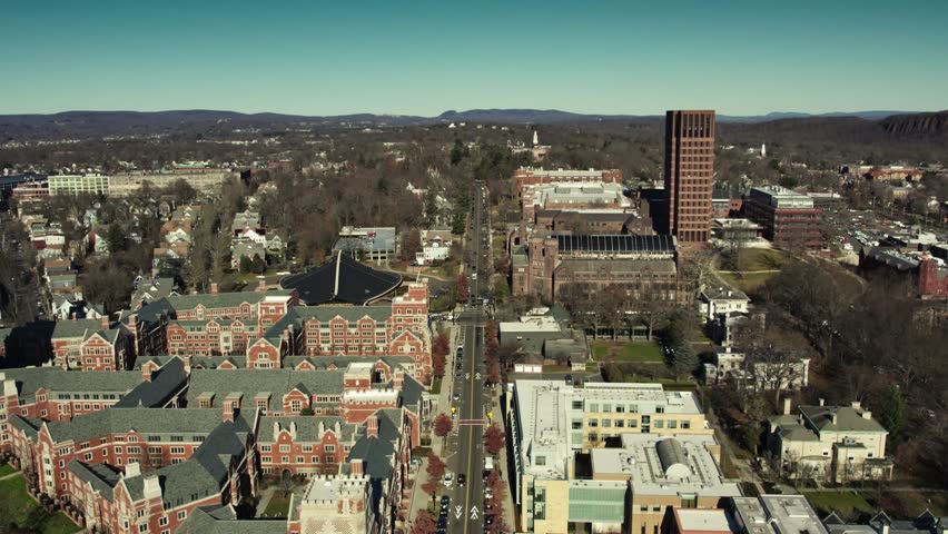 Yale University is a private Ivy League research university in New Haven, Connecticut. Beautifully timed on a drone in 2024. High quality 4k footage