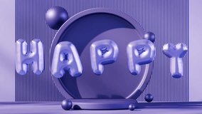 Loop 3D animation of a purple studio with a podium and spheres. The text of balloons hovers, flies over the stage. The text is Happiness. The idea of celebration, happiness, joy, harmony and love. - Powered by Shutterstock - Get 15% off with code: PIKWIZARD15
