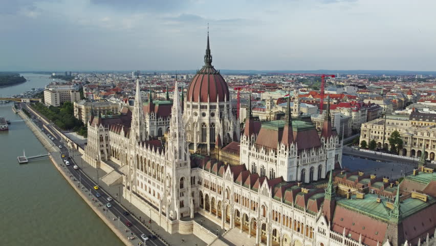 Aerial view of Budapest city and Hungarian Parliament building on Danube river, Hungary, 4k