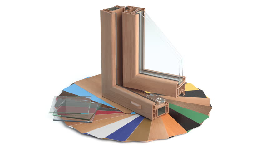Plastic PVC windows profile samples of different colors. Cross section. 3d animation. 3D Illustration