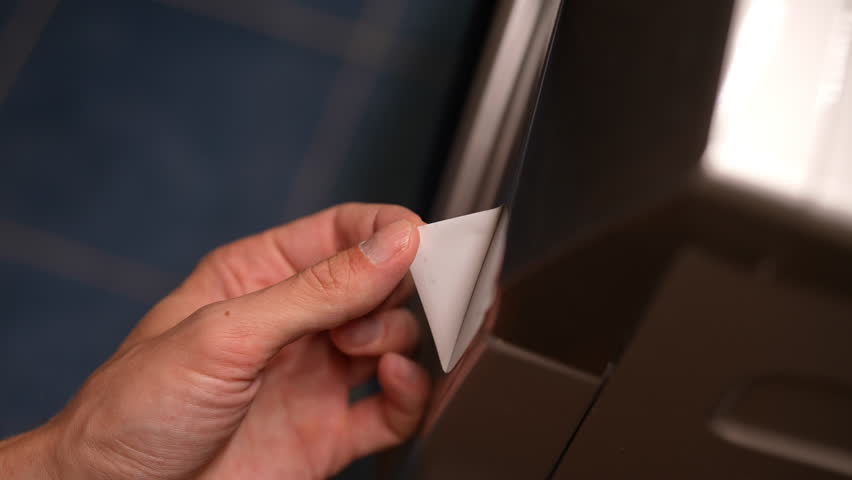 Close-up of male hand carefully peeling sticker from shiny surface of new washing machine. Process of removing protective film from household appliances, closeup, unrecognizable person, slow motion.