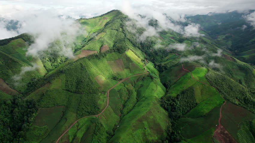 Landscape of Morning Mist with Mountain Layer. mountain ridge and clouds in rural jungle bush forest
