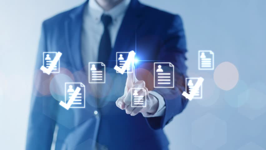 Job recruit search, head hunter, HR human resources, company employment CEO organization planning strategy. Businessman employer select hiring employee from CV resume