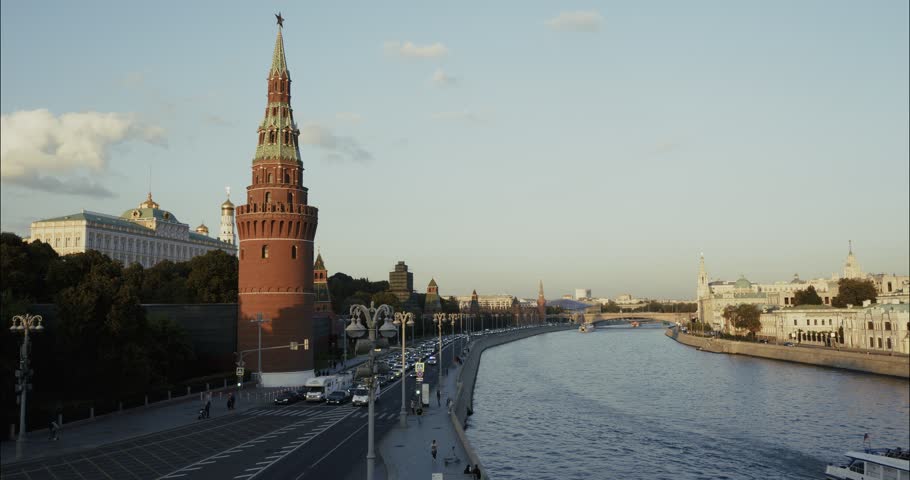 Aerial view of Moscow Kremlin and river at sunset