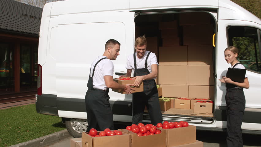 Transportation of fresh fruits and vegetables from producing warehouse on truck, delivery order of food for sale. Worker staff carrying boxes of tomato on lorry van, grocery supply