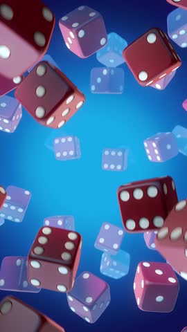 A looping sequence of rotating 3D dice floating around in an infinite background.