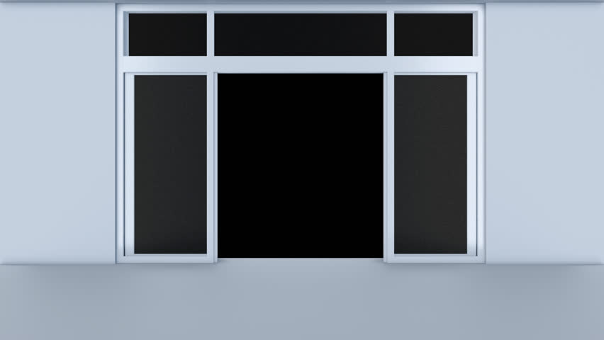Double sliding automatic glass doors in clean interior. Entrance or exit to supermarket, train station or office. Realistic 3d animation on black background.