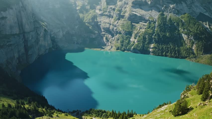 Aerial view of Lake Oeschinensee in Switzerland. Calm landscape 
