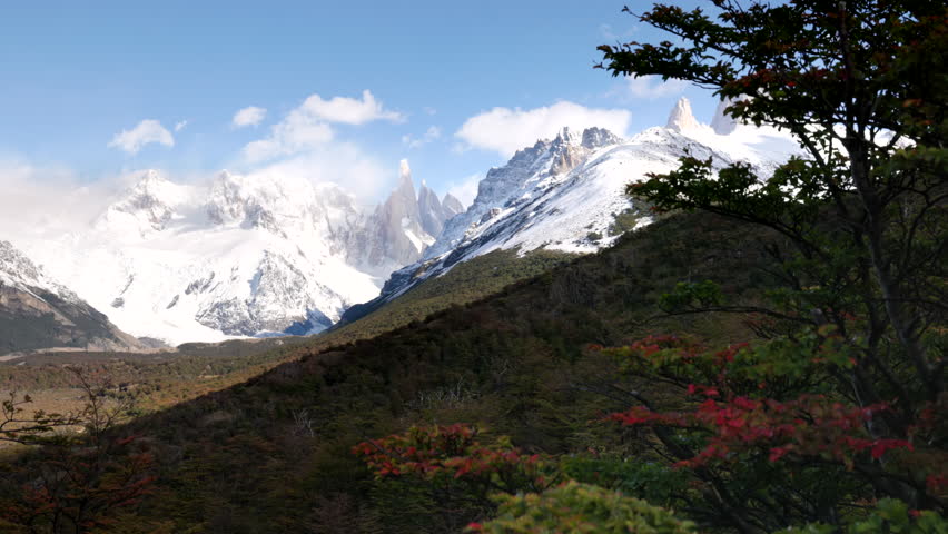 a view of cerro torre and southern beech trees from cerro torre lookout in los glaciares national park of patagonian argentina
