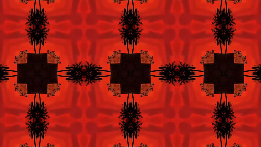 A vibrant kaleidoscopic image featuring palm trees against a red sunset backdrop. Digital art with repeating patterns.