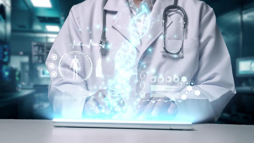 Close up of skilled doctor typing keyboard and pointing at DNA sample hologram. Skilled medical worker searching and preparing for curing by using genetic therapy. Technology innovation. Remedial.