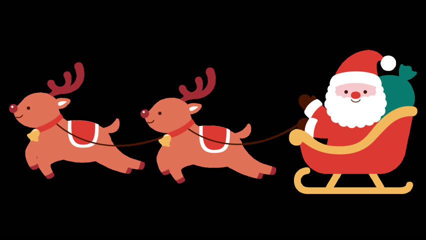 Santa Claus flying on a sleigh with reindeer animation on transparent background with alpha channel
