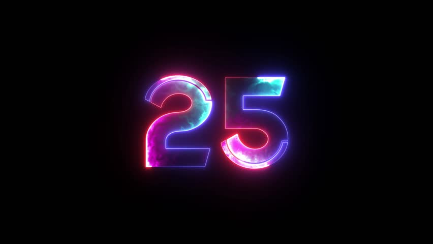 Glowing neon numeric number 25 animation. 4 color neon futuristic effect. Trendy glow lighting. 4K video animation