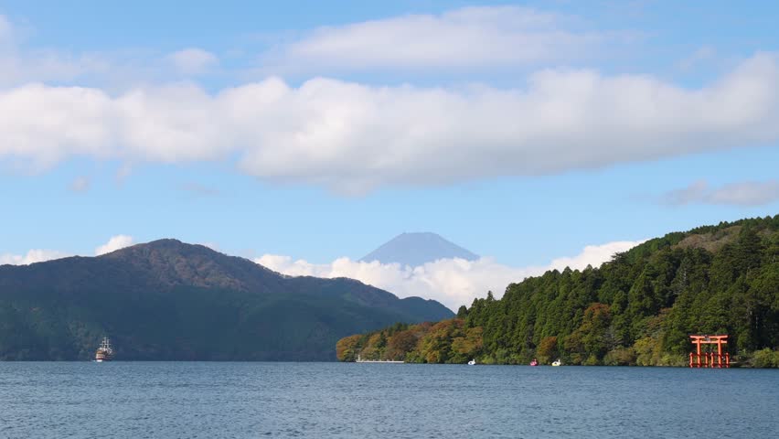 Drone shot of Lake Ashi and Mt. Fuji