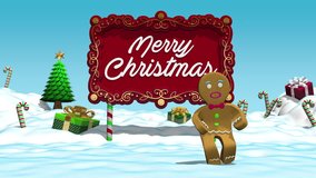 Gingerbread man dancing in front of red Merry Christmas and Happy New Year sign on snowy field with presents, candy canes and Christmas tree against blue sky. Loop sequence. 3D animation - Powered by Shutterstock - Get 15% off with code: PIKWIZARD15