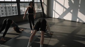 Yoga class. Sport instructor. Female coach help people stretch asana pose downward facing dog exercise balance on mat in gym fitness studio indoors. - Powered by Shutterstock - Get 15% off with code: PIKWIZARD15