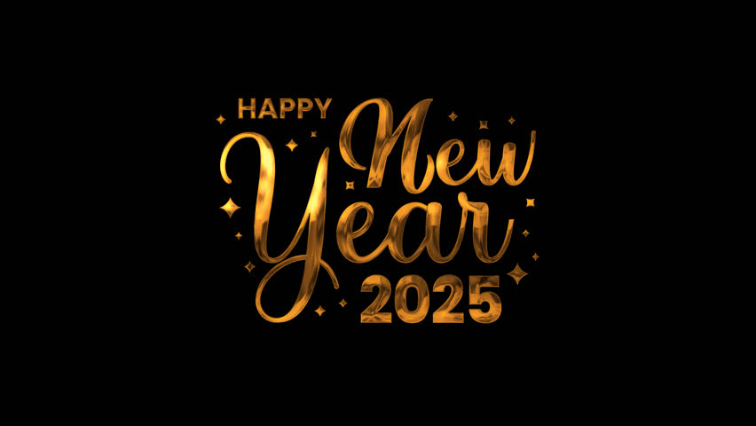 Golden Happy New Year 2025 lettering, Alpha Channel. Suitable for New Years Eve celebrations invitations or social media graphics.