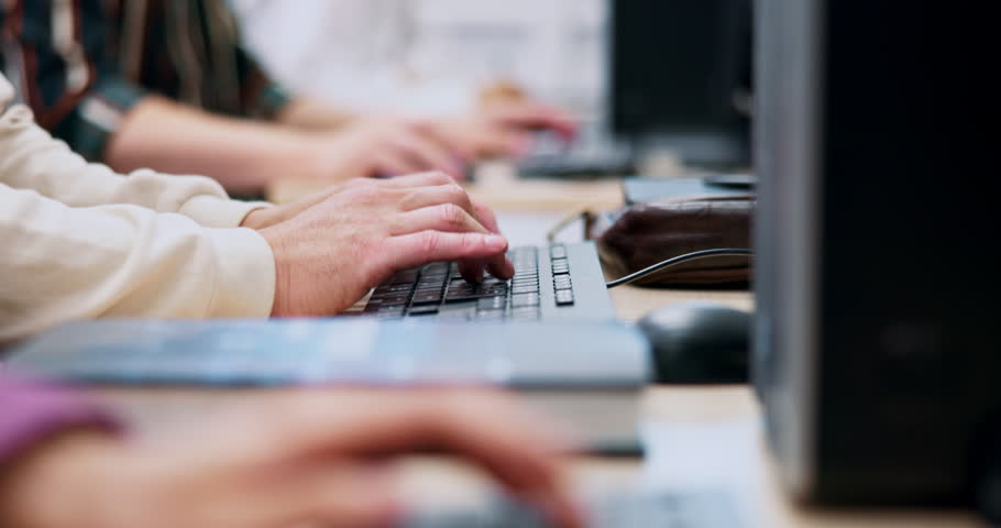 Typing, computer and hands of business person in office for online project, website and research. Corporate, professional and Japanese person on keyboard for internet, website and planning for career