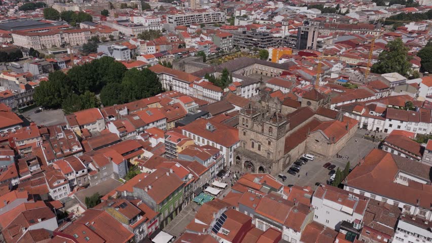 Braga’s historic center with Sé de Braga and red-tiled rooftops - aerial