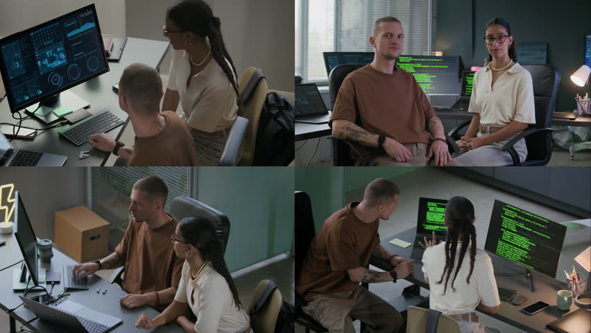 Split screen of young Caucasian male programmer teaching program coding to his young biracial junior colleague, both looking at computer monitor, working together at modern office at night - Powered by Shutterstock - Get 15% off with code: PIKWIZARD15