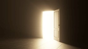 Door Opening, Bright Warm Shining Glowing Light Appears in Dark Room. Magic, Mystery, Success and Religious Concept. Abstract Minamalistic 3d Animation - Powered by Shutterstock - Get 15% off with code: PIKWIZARD15