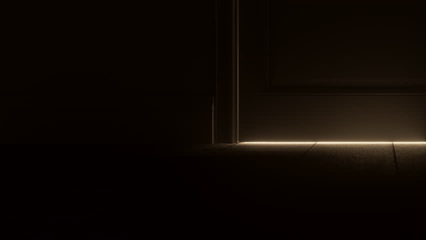 Door Opening, Bright Warm Shining Glowing Light with Butterflies Appears in Dark Room. Magic, Mystery, Success and Religious Concept. Abstract Minamalistic 3d Animation. Close Up View