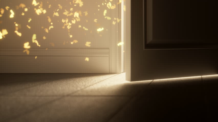 Door Opening, Bright Warm Shining Glowing Light with Butterflies Appears in Dark Room. Magic, Mystery, Success and Religious Concept. Abstract Minamalistic 3d Animation. Close Up View
