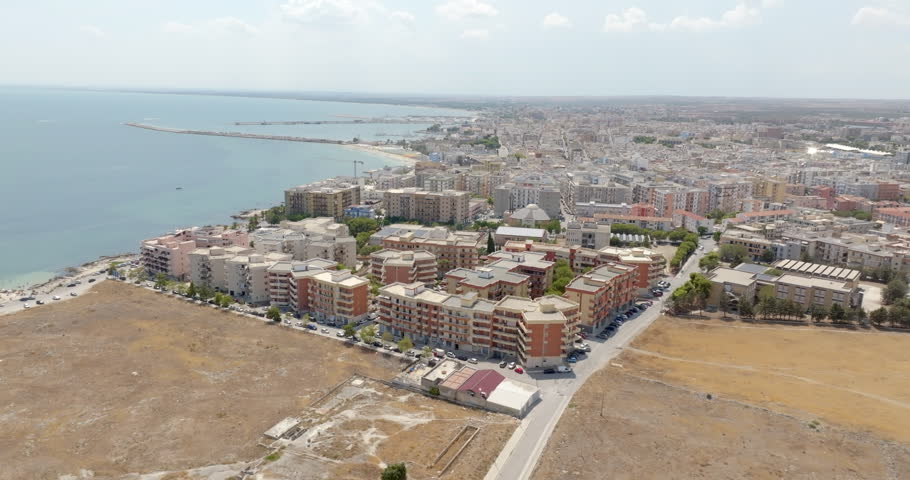 Aerial view of the outskirts of Manfredonia, located in the province of Foggia, in Puglia, Italy. It is a town on the Mediterranean sea.