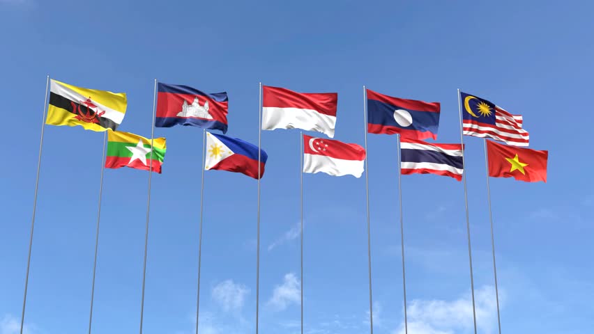 Looping video of ASEAN flag Waving on blue sky background, Loop Animation Asia nation flags
