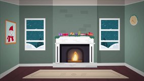Christmas Room With Fireplace, outside window snow falling, motion graphics animation 4k. - Powered by Shutterstock - Get 15% off with code: PIKWIZARD15