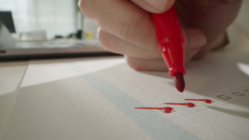 Macro close up of Unrecognizable business person's hand marking on checklist boxes, checkbox, to do list box with red pen after completing the task on white paper. 